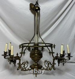 Antique Victorian Gilt Brass Bronze Kerosene Oil Lamp Chandelier 10 Light Elec
