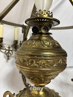 Antique Victorian Gilt Brass Bronze Kerosene Oil Lamp Chandelier 10 Light Elec
