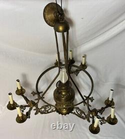 Antique Victorian Gilt Brass Bronze Kerosene Oil Lamp Chandelier 10 Light Elec