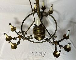 Antique Victorian Gilt Brass Bronze Kerosene Oil Lamp Chandelier 10 Light Elec