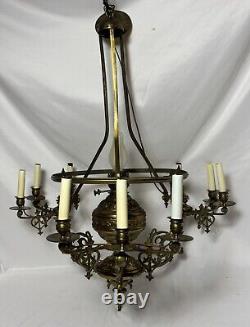 Antique Victorian Gilt Brass Bronze Kerosene Oil Lamp Chandelier 10 Light Elec