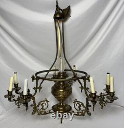 Antique Victorian Gilt Brass Bronze Kerosene Oil Lamp Chandelier 10 Light Elec