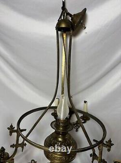 Antique Victorian Gilt Brass Bronze Kerosene Oil Lamp Chandelier 10 Light Elec