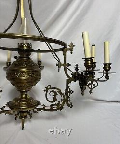 Antique Victorian Gilt Brass Bronze Kerosene Oil Lamp Chandelier 10 Light Elec