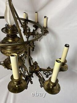 Antique Victorian Gilt Brass Bronze Kerosene Oil Lamp Chandelier 10 Light Elec