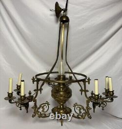 Antique Victorian Gilt Brass Bronze Kerosene Oil Lamp Chandelier 10 Light Elec