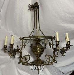 Antique Victorian Gilt Brass Bronze Kerosene Oil Lamp Chandelier 10 Light Elec