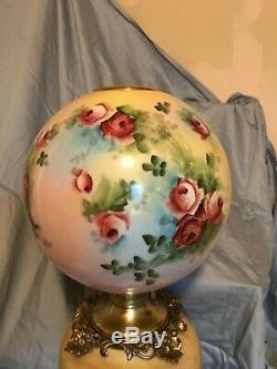 Antique Victorian Gone with the Wind Oil Lamp Hand Painted Roses Fostoria