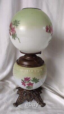 Antique Victorian Green Fuchsia Floral GWTW Glass Oil Table Lamp