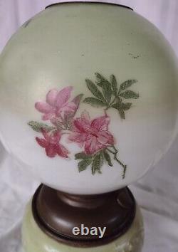 Antique Victorian Green Fuchsia Floral GWTW Glass Oil Table Lamp