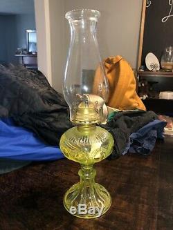 Antique Victorian Green Vaseline Uranium Glass Kerosene Oil Table Lamp Light