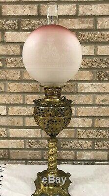 Antique Victorian Gwtw Oil Lamp Cranberry Torch Wreath Brass Edward Miller Juno