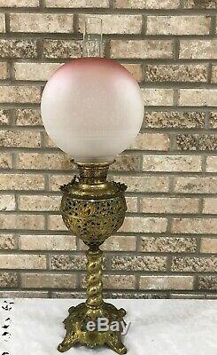 Antique Victorian Gwtw Oil Lamp Cranberry Torch Wreath Brass Edward Miller Juno