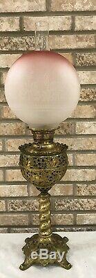 Antique Victorian Gwtw Oil Lamp Cranberry Torch Wreath Brass Edward Miller Juno
