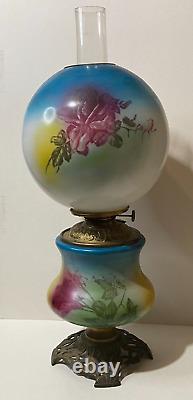 Antique Victorian Gwtw Oil Lamp Globe Hand Painted Roses