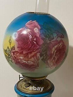 Antique Victorian Gwtw Oil Lamp Globe Hand Painted Roses