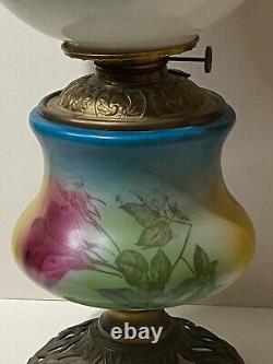 Antique Victorian Gwtw Oil Lamp Globe Hand Painted Roses