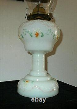 Antique Victorian HP Embossed Milk Glass Oil Lamp Northwood Glass Cocomplete