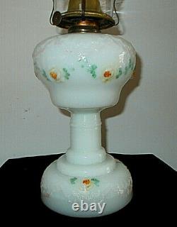 Antique Victorian HP Embossed Milk Glass Oil Lamp Northwood Glass Cocomplete