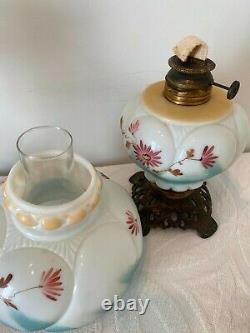 Antique Victorian Hand Painted Climax Oil Lamp Milk Glass Excellent Condition