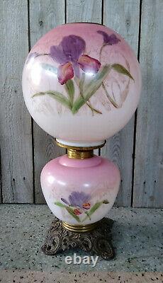 Antique Victorian Hand Painted Iris GWTW Gone With The Wind Oil Table Lamp