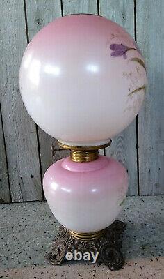 Antique Victorian Hand Painted Iris GWTW Gone With The Wind Oil Table Lamp