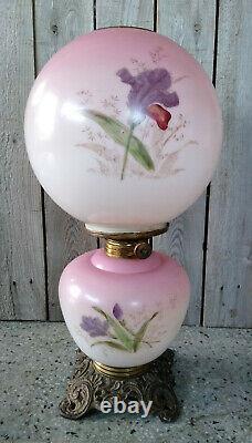 Antique Victorian Hand Painted Iris GWTW Gone With The Wind Oil Table Lamp