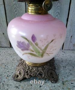 Antique Victorian Hand Painted Iris GWTW Gone With The Wind Oil Table Lamp