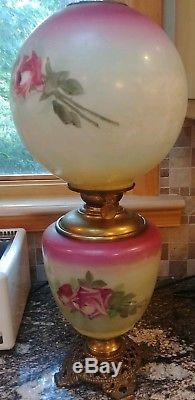 Antique Victorian Hand Painted Pink Roses Gwtw Oil Banquet Lamp Success Plb&co