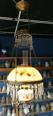 Antique Victorian Hanging Brass Parlor Kerosene Oil Lamp electric converted
