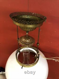 Antique Victorian Hanging Brass Parlor Kerosene or Oil Lamp