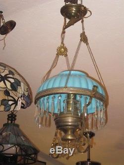 Antique Victorian Hanging Oil/Kerosene Lamp BLUE shade