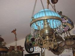 Antique Victorian Hanging Oil/Kerosene Lamp BLUE shade