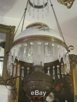 Antique Victorian Hanging Oil/Kerosene Lamp with floral shade