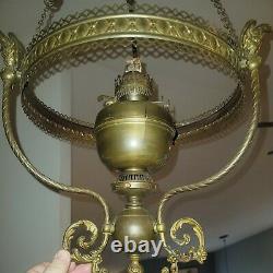 Antique Victorian Hanging Oil Lamp Chandelier Burmese Glass Shade 14 England