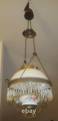 Antique Victorian Hanging Oil Lamp Chandelier Glass Shade Prisms