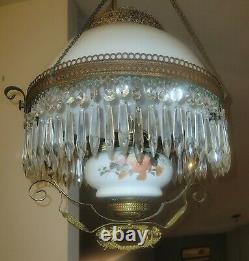 Antique Victorian Hanging Oil Lamp Chandelier Glass Shade Prisms