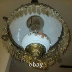 Antique Victorian Hanging Oil Lamp Chandelier Glass Shade Prisms