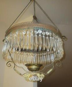 Antique Victorian Hanging Oil Lamp Chandelier Glass Shade Prisms