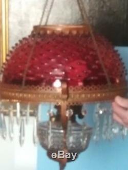Antique Victorian Hanging Oil Lamp Cranberry Glass Hobnail Shade Parlor Library