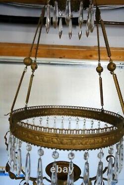 Antique Victorian Hanging Oil Lamp Frame, Chain Retractor & Crystal Teardrops