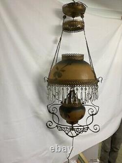 Antique Victorian Hanging Oil Lamp GWTW Converted Electric Rose Painted Shades