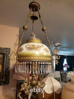 Antique Victorian Hanging Oil Lamp with Prisms