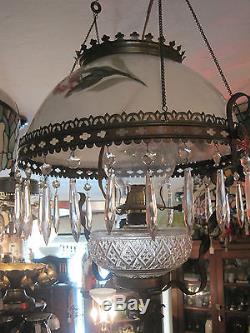 Antique Victorian Hanging Oil Lamp with floral shade, Converted to Electric