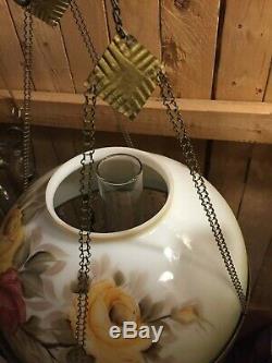 Antique Victorian Hanging Oil Library Parlor Lamp Beautiful Colors, with Crystals
