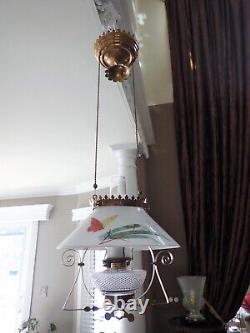 Antique Victorian Hanging Oil Parlor Lamp Electrified H Painted Butterfly Shade