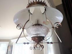 Antique Victorian Hanging Oil Parlor Lamp Electrified H Painted Butterfly Shade