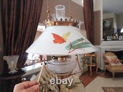 Antique Victorian Hanging Oil Parlor Lamp Electrified H Painted Butterfly Shade