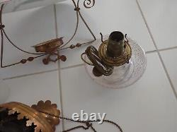 Antique Victorian Hanging Oil Parlor Lamp Electrified H Painted Butterfly Shade