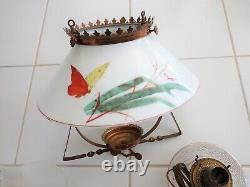 Antique Victorian Hanging Oil Parlor Lamp Electrified H Painted Butterfly Shade